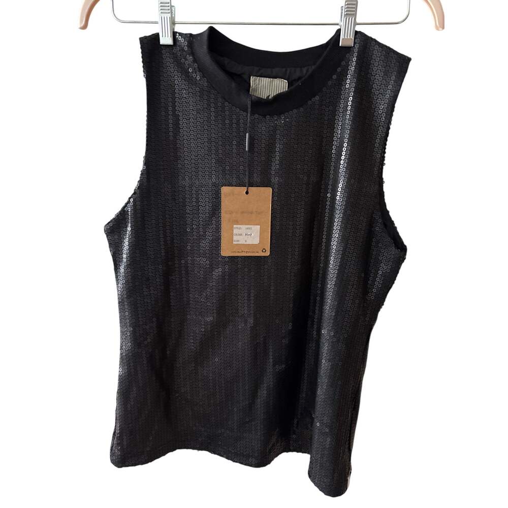 NWT One Teaspoon Sz S Solid Black Sequined Sleeveless Crewneck Tank Top